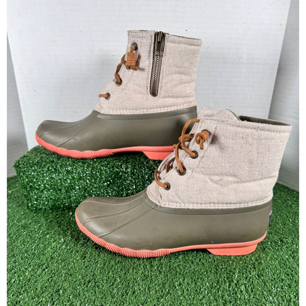 Sperry Saltwater Duck Boots Womens 8.5 Olive Green Beige Canvas‎ Coral STS95346